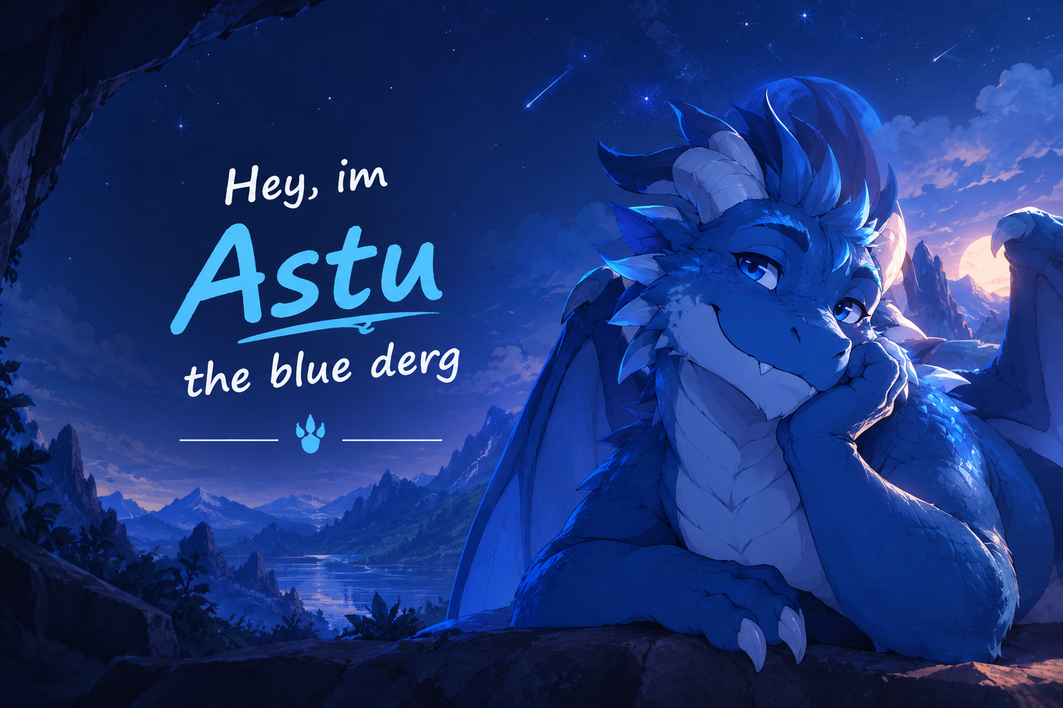 A friendly blue dragon beneath a starry sky, with the words Hey, im Astu the blue derg.